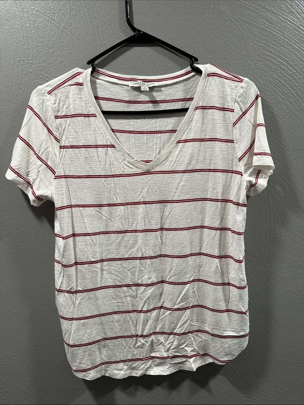 Green Envelope White V-Neck Tee with Red Stripes